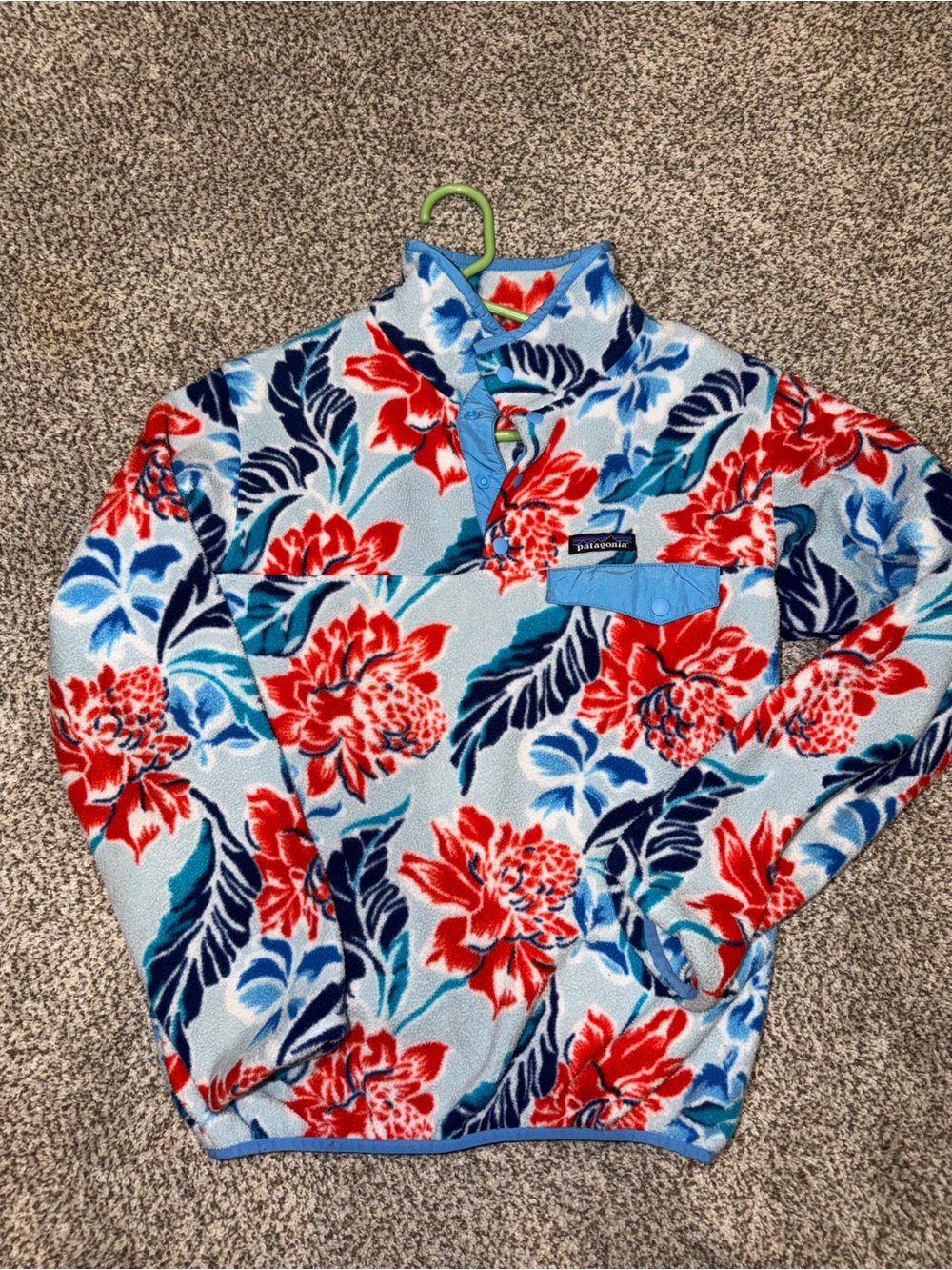 Patagonia Light Blue Pullover Fleece with Red Floral Print